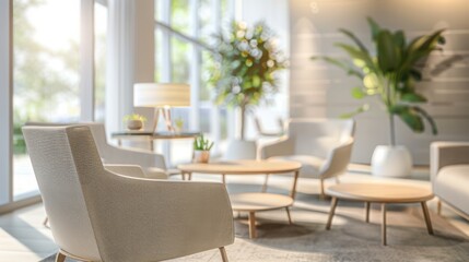 Poster - A contemporary living room with minimalist furniture, large windows, and abundant natural light. Cozy seating is complemented by plants and a table lamp.