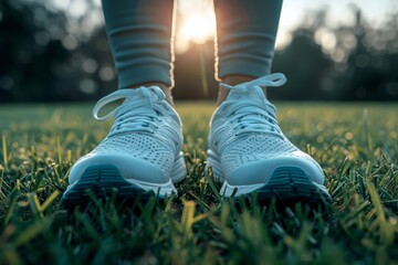 close-up of running shoes on grass field, symbolizing physical activity, with space for text