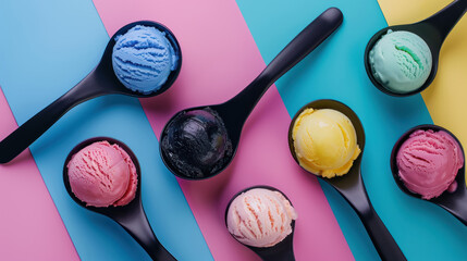 Wall Mural - colorful ice cream scoops in black spoons arranged creatively on vibrant blue and pink background