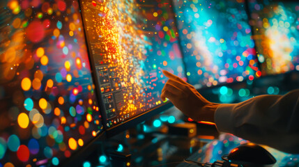 Wall Mural - A person is typing on a computer with a monitor displaying a colorful, swirling pattern. Concept of creativity and energy, as the person's hand moves across the keyboard.
