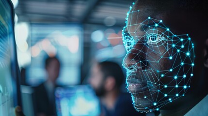 Poster - Profile of a person with facial recognition points in a high-tech environment. Showcases surveillance technology and data analysis.