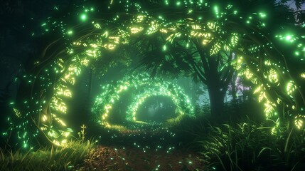 Wall Mural - A bioluminescent archway casts an enchanting, magical light across the forest floor.