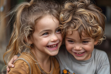 Wall Mural - Siblings laughing and playing in a backyard. Concept of sibling relationships and joy. Generative Ai.