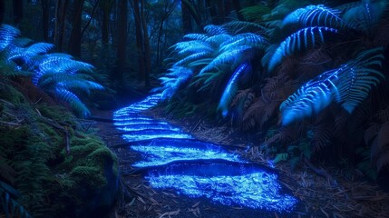Wall Mural - a secluded glen with bioluminescent ferns glowing electric blue creates a serene, luminous midnight 