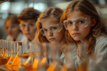 Poster - Students conducting a chemistry experiment in a lab. Concept of education and scientific inquiry. Generative Ai.