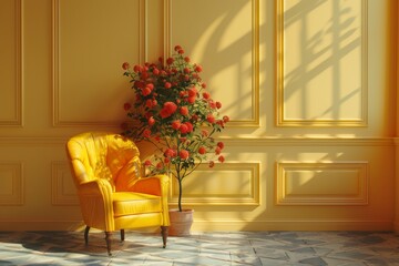 Poster - Elegant living room with mustard yellow accents and classic decor, creating a warm and inviting space with a touch of vintage charm