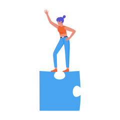 Wall Mural - Young woman standing on puzzle piece with hand up, tiny female character challenge winner vector illustration