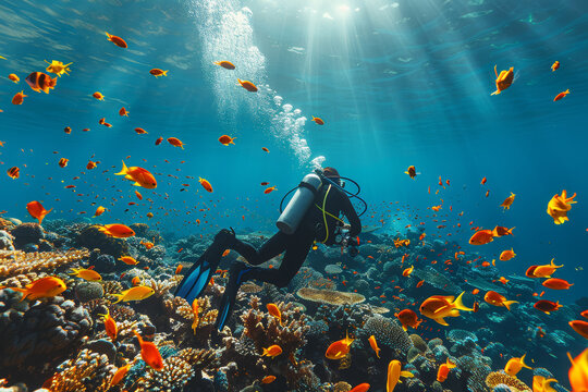 A marine biologist studying coral reefs underwater. Concept of marine science and ecosystem preservation. Generative Ai.
