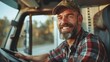 © mamoo studio - Closeup of Smiling Truck Driver with beard and Hands on Steering Wheel