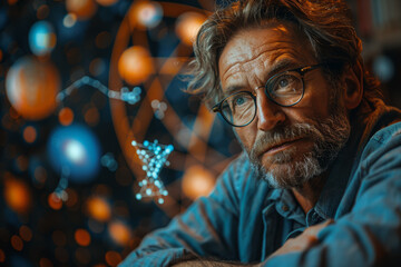 Poster - A physicist presenting a lecture on quantum mechanics. Concept of advanced science and education. Generative Ai.