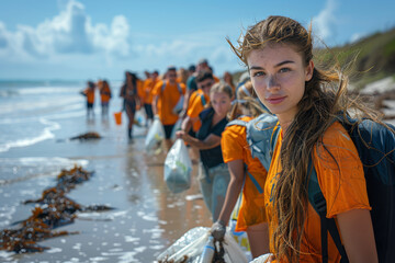 Poster - Volunteers participating in a beach cleanup. Concept of environmental stewardship and community service. Generative Ai.