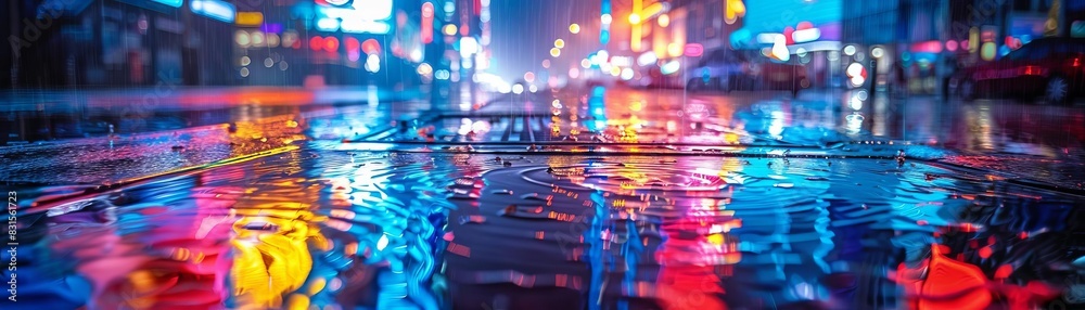 Colorful neon light signs reflecting on wet pavement in a rainy city ...