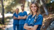 © anwel - Confident healthcare workers showcasing modern and stylish medical uniforms in vibrant scrubs