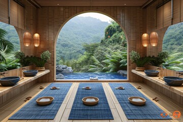 Poster - luxurious spa retreat with a view of nature, featuring an indoor outdoor design that blends seamless