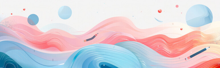 Wall Mural -  modern, minimalist education background featuring gradient waves in soft, contemporary colour schemes such as pastel blues and pinks. Integrate subtle, abstract icons of school supplies 