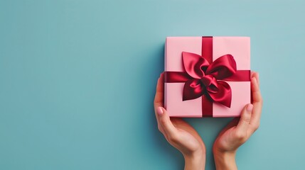 Wall Mural - Hands holding a gift box with a red ribbon on a turquoise background. Perfect for holiday promotions. Minimalist design for festive occasions. AI