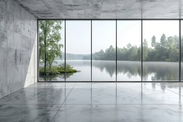 Sticker - Minimalist room with floor to ceiling windows overlooking a serene lake, creating a tranquil and bright environment perfect for contemplation