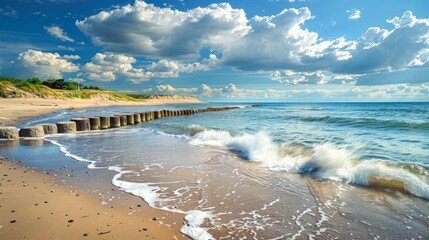 Wall Mural - Breakwaters stretch along a sunny European beach, their sturdy structures contrasting with the soft sand and vibrant blue sea