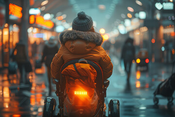 Sticker - A person using a mobility scooter to navigate through a busy airport terminal, highlighting accessibility in travel. Concept of assisted mobility and travel assistance. Generative Ai.