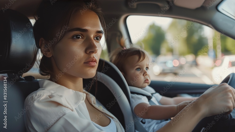 A woman is driving a car with a baby in the back seat. She looks sad ...