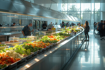 Aufkleber - A bustling office cafeteria with workers lined up for lunch, selecting from a variety of hot and cold options. Concept of workplace dining and midday breaks. Generative Ai.