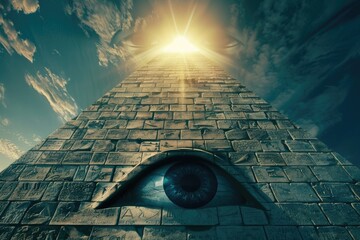 Eye of Providence on ancient pyramid. All-seeing God's eye and shining light on top