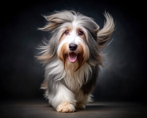 Wall Mural - Bearded Collie dog running on a dark smoky background, looking at the camera.