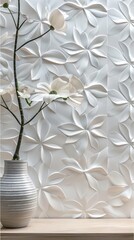 Wall Mural - White geometric floral leaves 3d tiles wall texture background illustration banner panorama