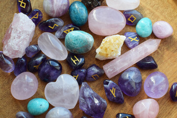 Scandinavian amethyst runes and semi-precious stone crystals. Predictions, witchcraft, spiritual esoteric practice.