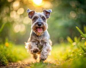 Wall Mural - Cesky Terrier dog running on grass on blurred summer natural background and looking at the camera.