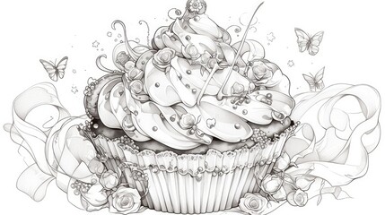 Wall Mural - Add a pop of charm to your coloring session with an adorable cupcake themed page in your sweets coloring book