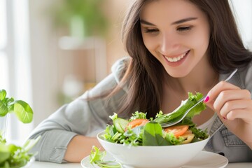 Young and happy woman eating healthy salad sitting on the table with green fresh ingredients indoors