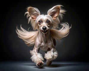 Wall Mural - Chinese Crested dog running on a dark smoky background, looking at the camera.