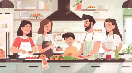 Wall Mural - Cheerful family bonding over cooking delicious dishes in their kitchen