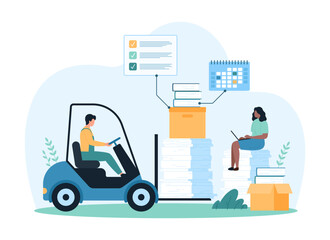 Wall Mural - Paperwork, office documents and data organization. Tiny people carry stack of paper sheets, folders and books, boxes with archives on forklift to organize storage cartoon vector illustration