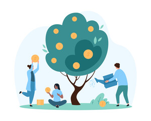 Wall Mural - Financial investments and savings growth, increase earning profit and capital gain. Tiny people with watering can grow money tree with green leaf and gold dollar coins cartoon vector illustration