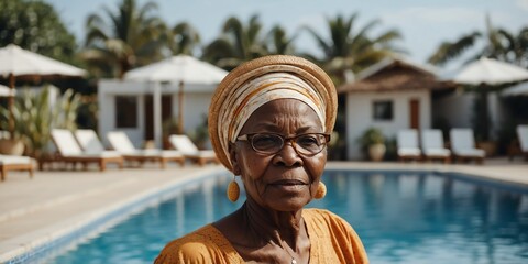 Wall Mural - african elderly woman on swimming pool at beach resort summer vacation