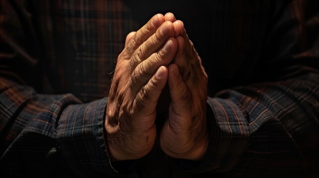 Man hands praying in dark background