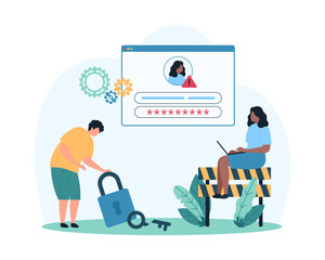 Wrong password, no access to account, cybersecurity warning. Tiny people and notification message to reset data, change username and password, holding broken key to lock cartoon vector illustration