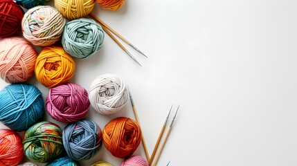 Wall Mural - Collage with many different yarns and knitting needles on white background
