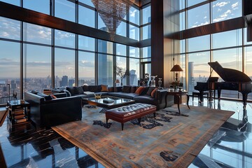 Wall Mural - A luxurious penthouse living room with floor-to-ceiling windows and a grand piano.
