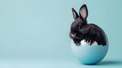 Banner of a cute and furry black bunny cub inside an Easter egg on a light blue background, empty copy space