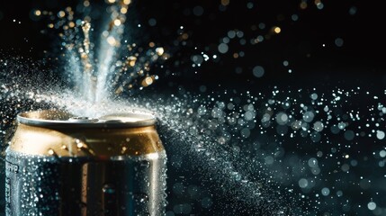 A close-up of a refreshing drink can spraying liquid as it is opened, with droplets glistening against a dark background.