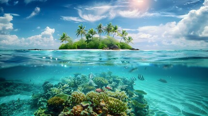 Tropical Island and Underwater Scene
