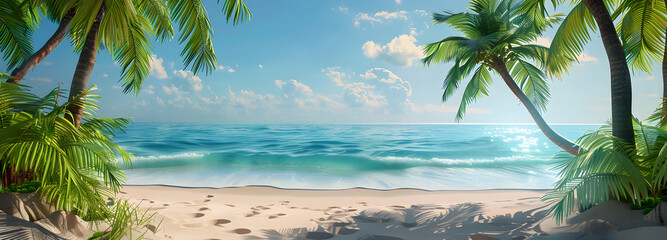 Wall Mural - Beach with palm trees, ocean view, summer 3D background illustration concept --ar 25:9 - Image #2 @farhanmalik