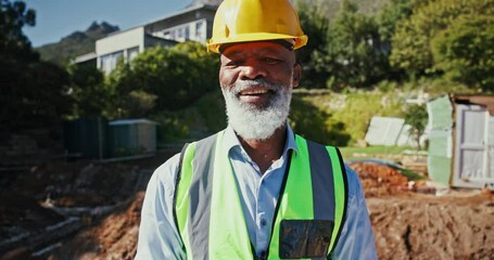 Poster - African man, blueprint and table outdoor for construction, planning and building with drawing at site. Manager, floor plan and portrait with design for engineering, contractor and project management