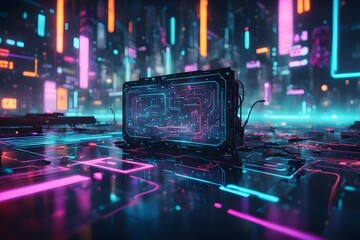 Wall Mural - A computer monitor is sitting on a city street