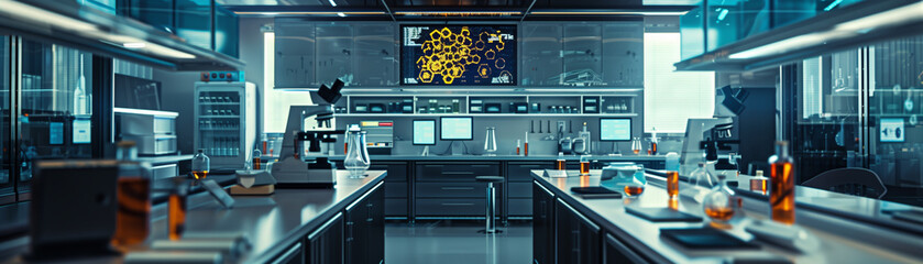 A lab with a large monitor on the wall. There are many bottles and beakers on the counter
