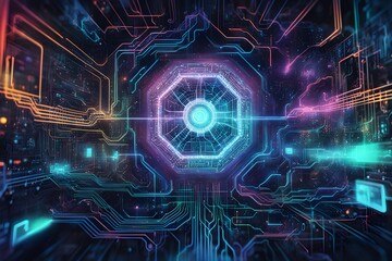 Poster - A colorful, neon-lit image of a computer chip with a glowing center