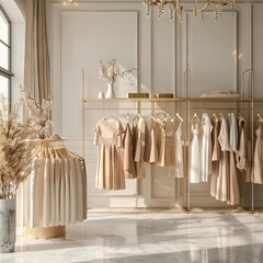 elegant female fashion boutique interior with stylish clothing displayed on racks